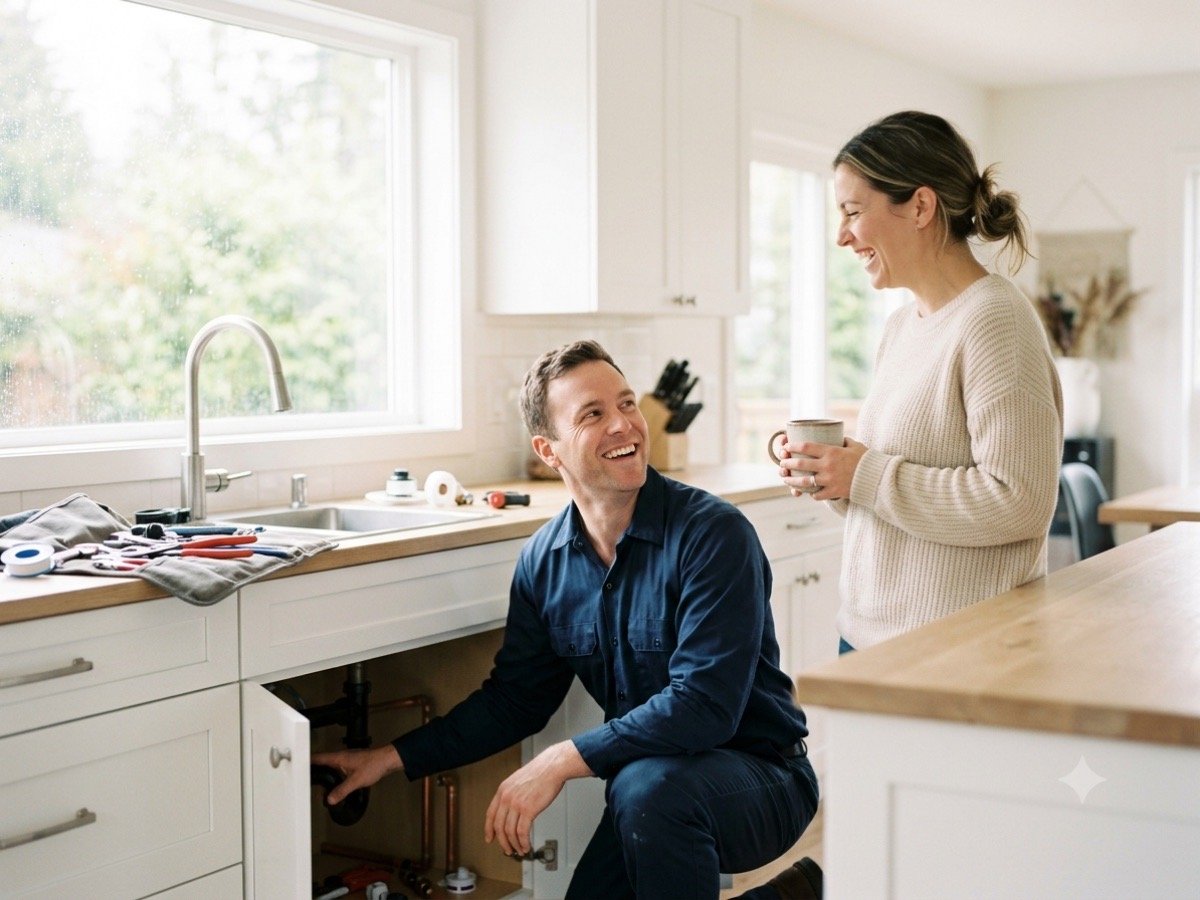 Depex plumber and a smiling homeowner talking in a bright kitchen